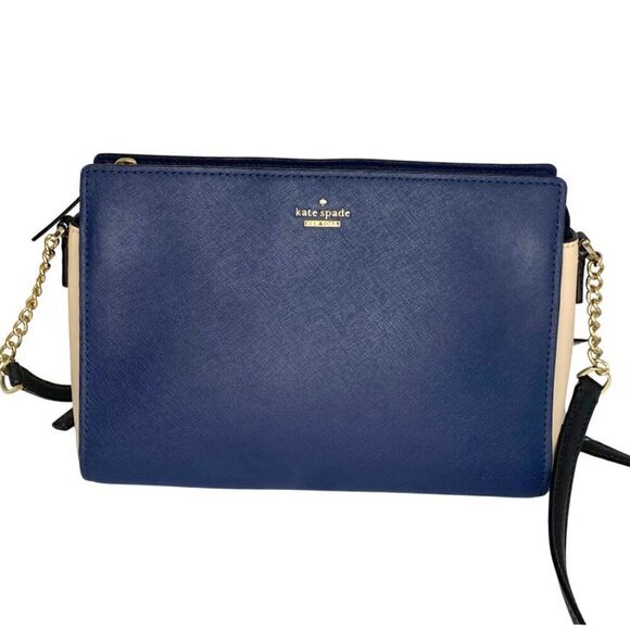 Kate Spade New York Crossbody Bag Blue Cream Saffiano Leather Gold Chain Accent - Picture 1 of 12